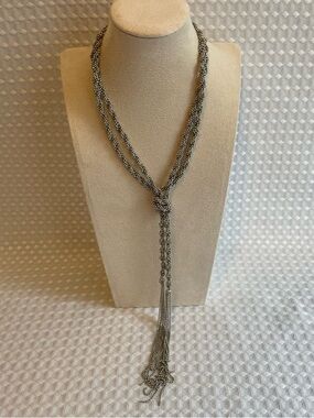 Silver Tone Ball Chain Lariat Tassel Necklace Excellent Condition Elegant  #644